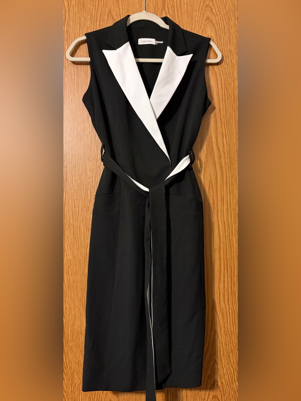Calvin Klein Black Sleeveless Midi Dress with White Lapel
